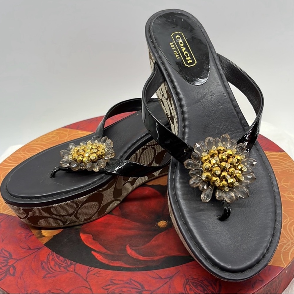 Coach Black and Gold Floral Sandals